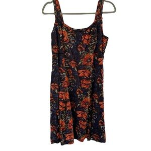 Peruvian Connection Linen Moody Dark Floral Black Orange Mini Dress Size 10‎